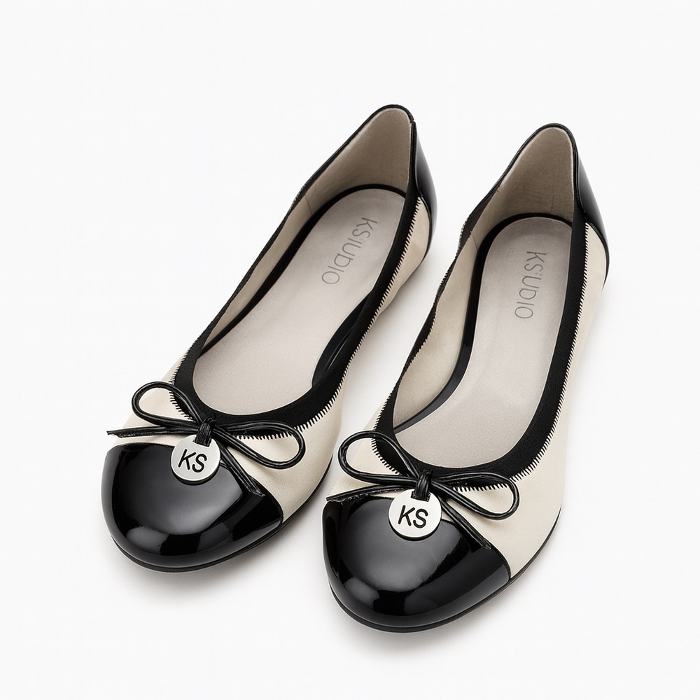 Cap Toe Black Patent Ballet Flats Slip On Shoes